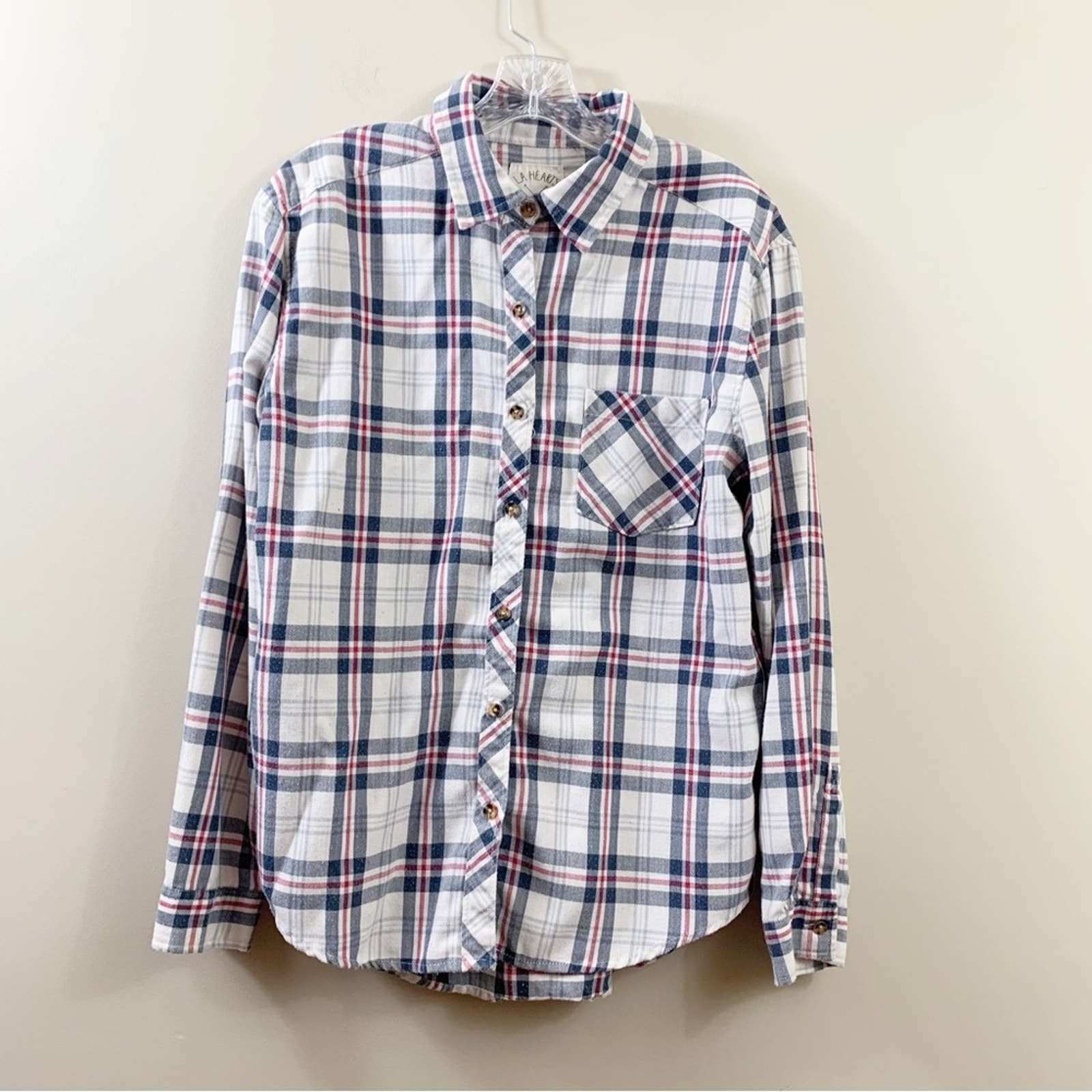 La Hearts Plaid Button Down Cream/Navy Long Sleeve Top